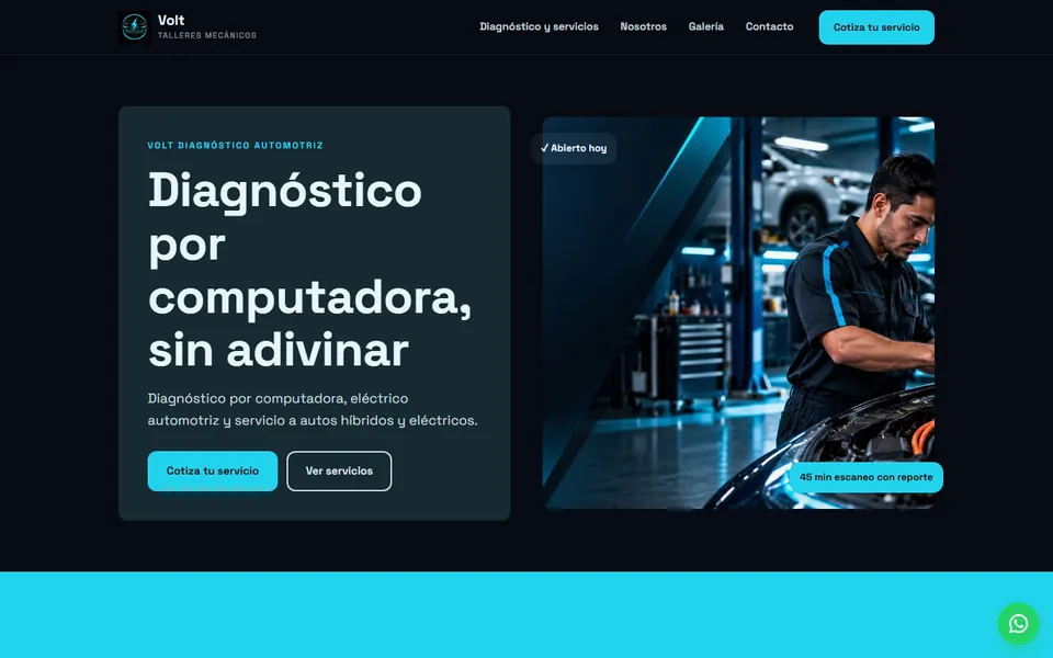 Diseño tech moderno para talleres mecánicos: portada de Volt Diagnóstico Automotriz