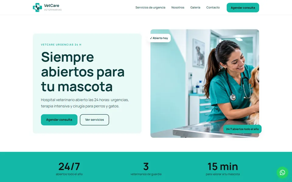 Diseño clínica moderna para veterinarias: portada de VetCare Urgencias 24 h